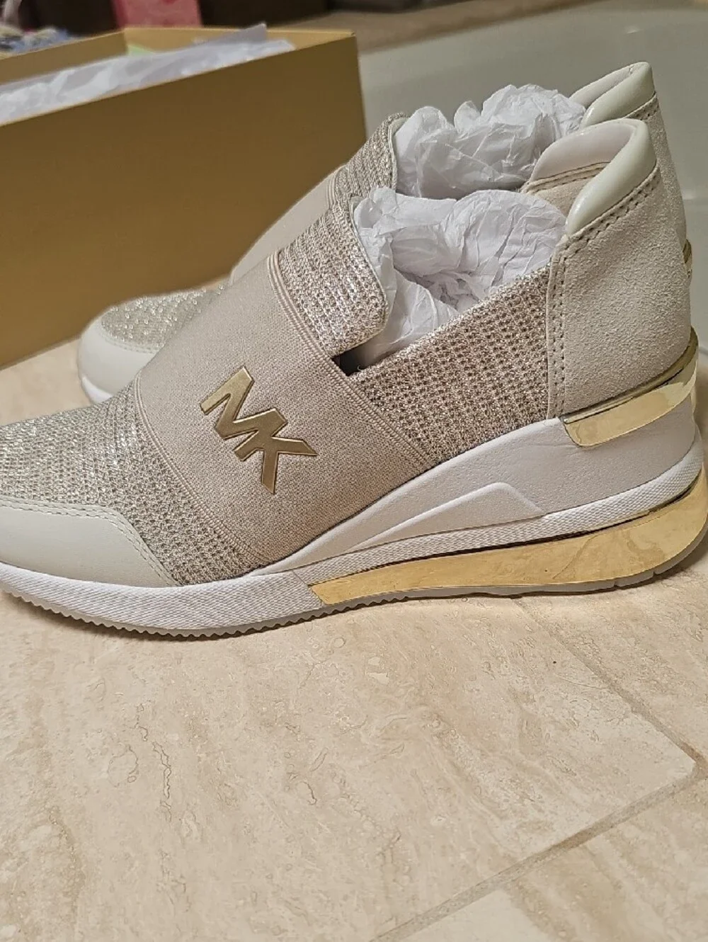 Michael Kors Beige and Gold Slip-On MK Trainer Sneakers